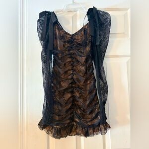For Love & Lemons Black Lace Mini Long Sleeve Dress XS Satin Bows Button Details